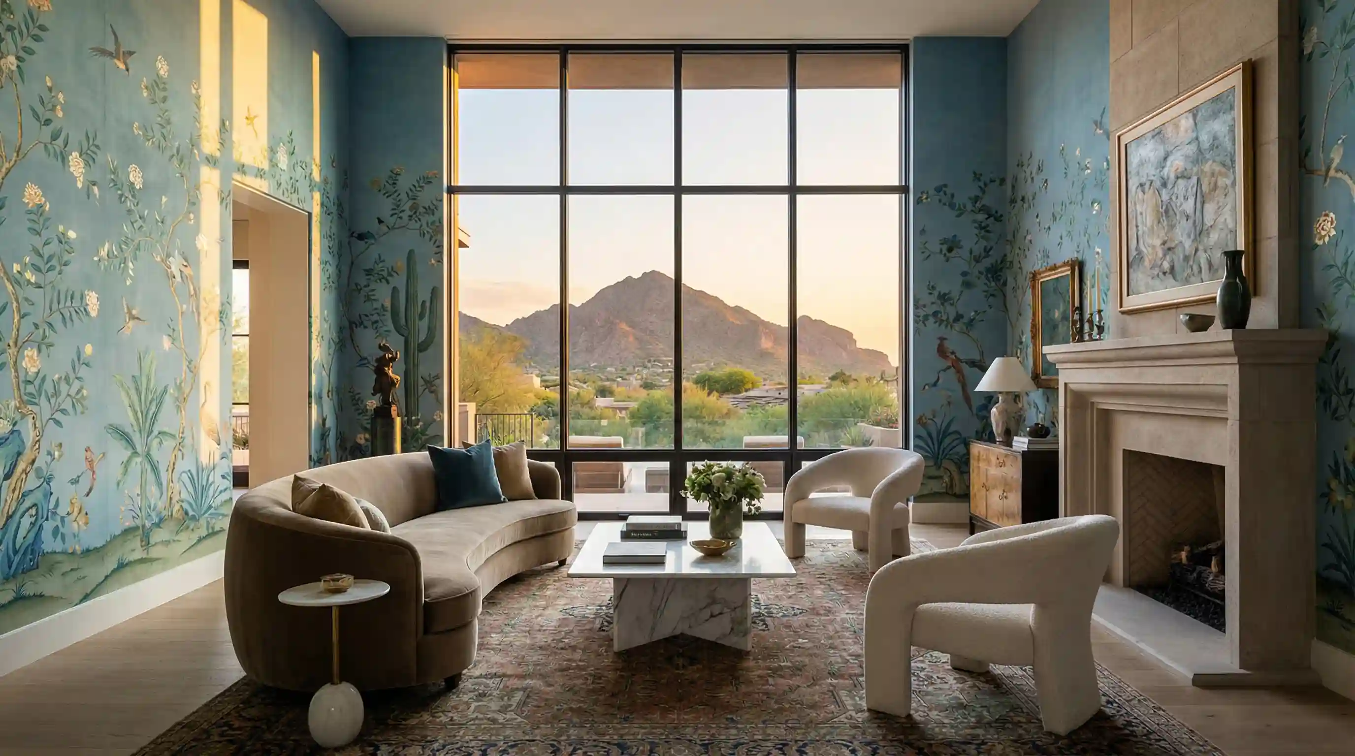 Feature wall wallpaper installation in Arlington living room